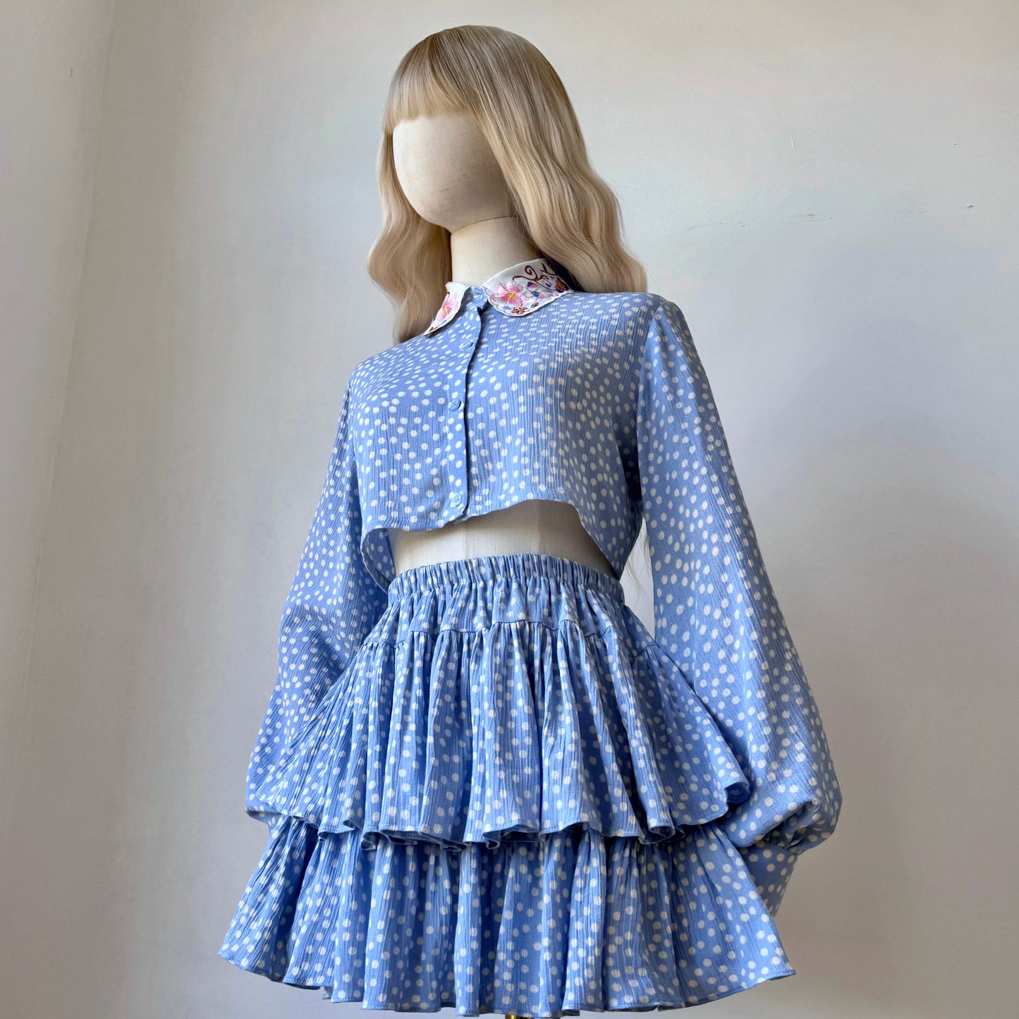 Bonita Blue Printed Polka Dots Skirt Top Set
