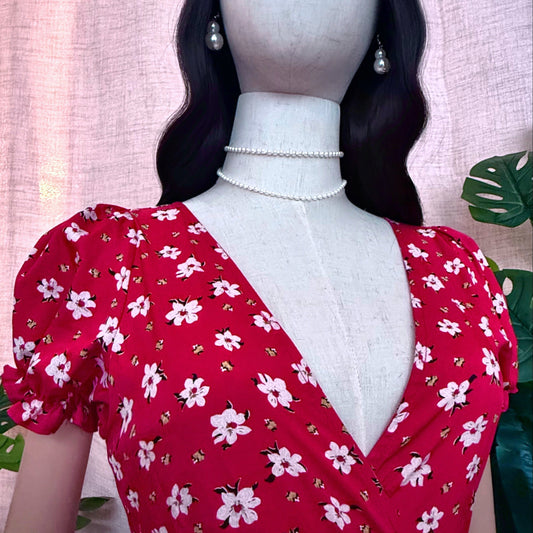 Bonita White Floral Wrap Red Dress