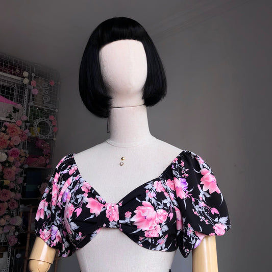 Floral Girl Black And Pink Puffy Sleeves Two Piece Set