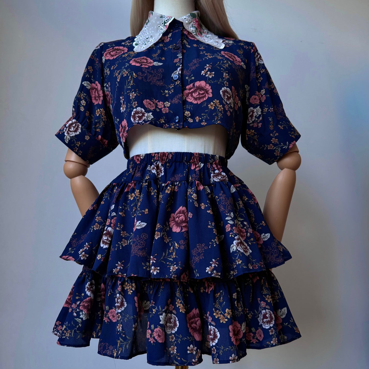 Floral Girl Blue And Pink Short Sleeves Two Piece Set