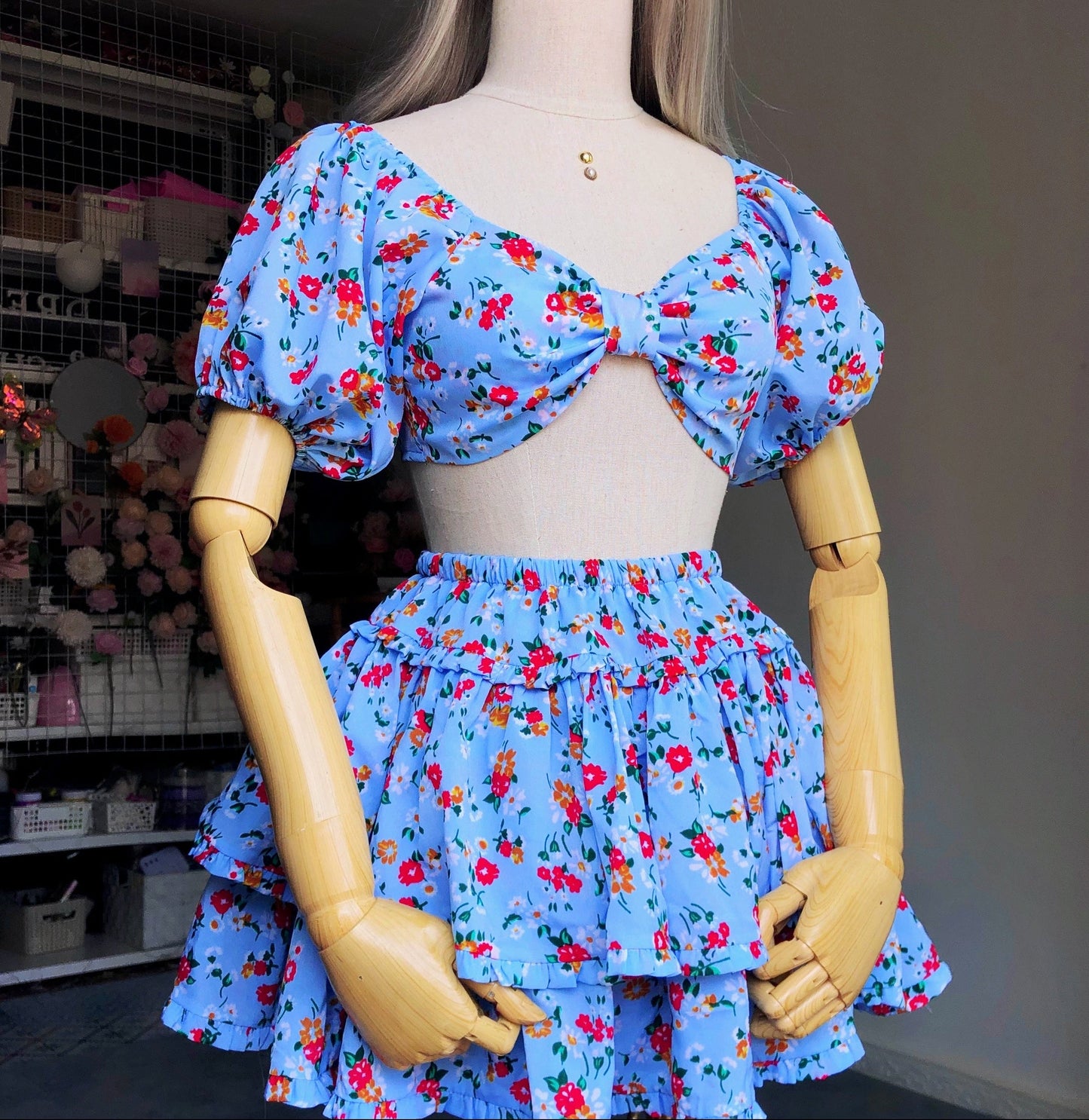 Floral Girl Blue Puffy Sleeves Two Piece Set