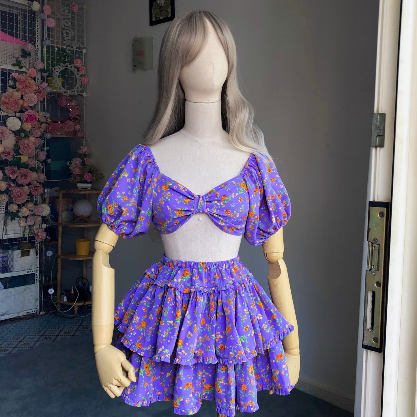 Floral Girl Lavender Puffy Sleeves Two Piece Set