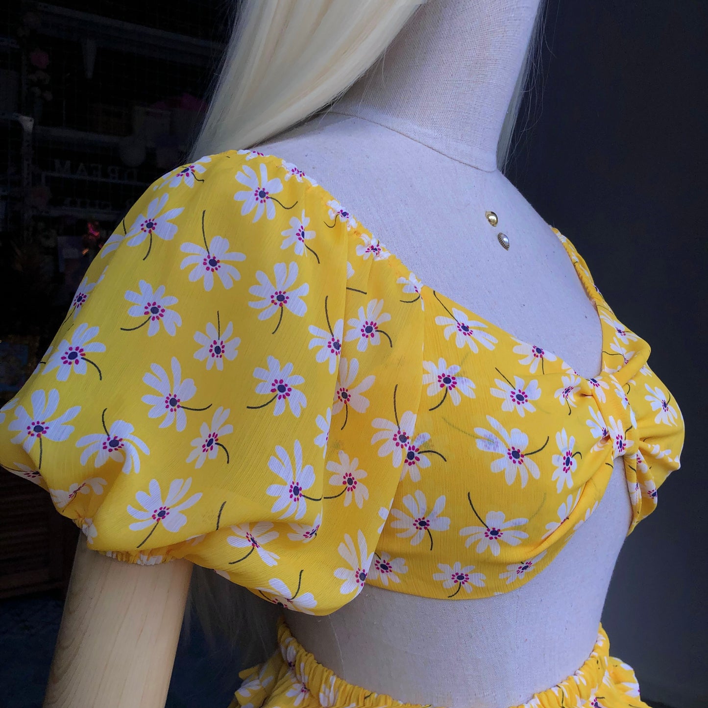 Floral Girl Yellow Puffy Sleeves Two Piece Set