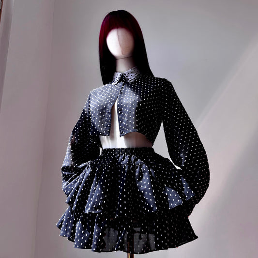 Goth Bae Black And White Polka Dots Skirt Top Set
