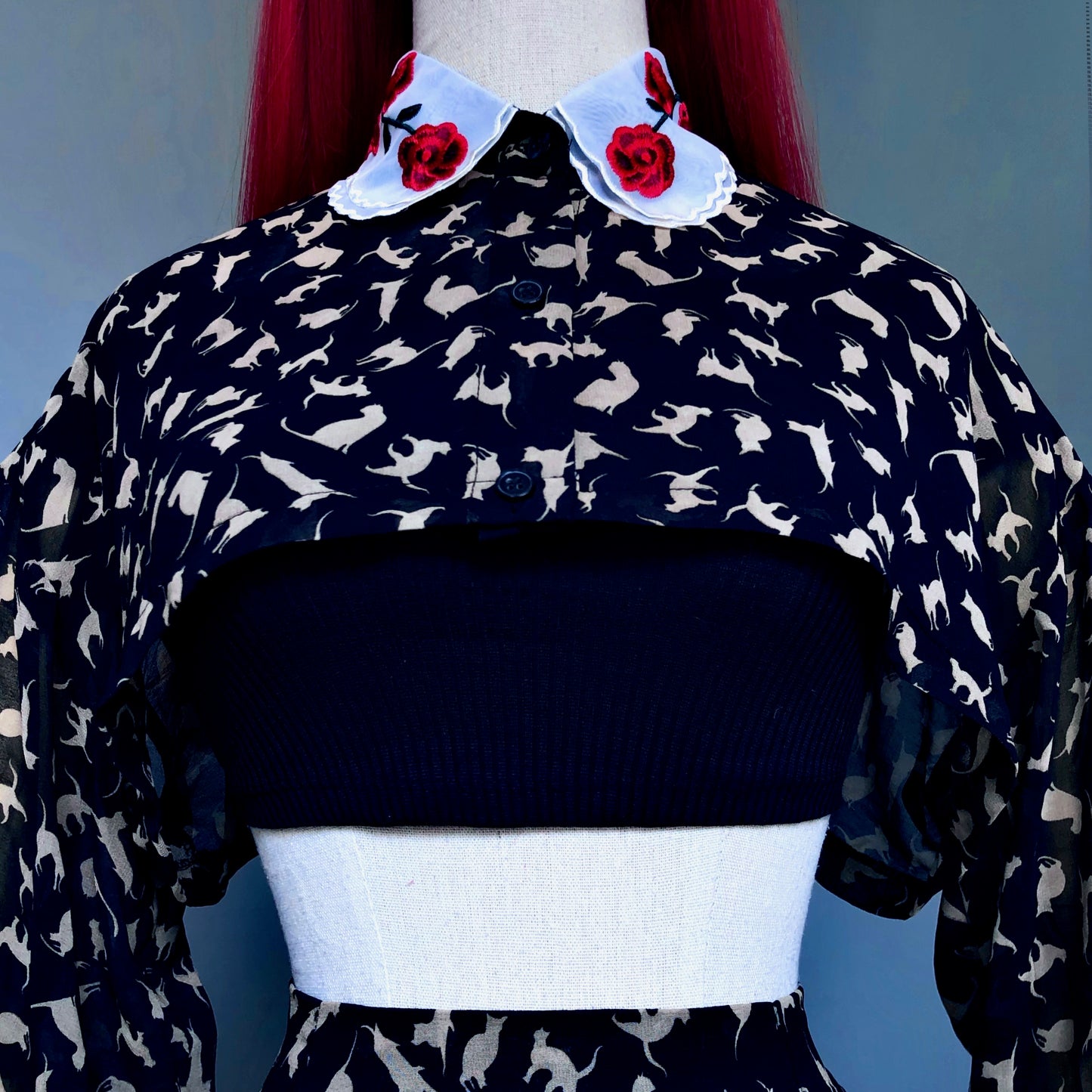 Goth Bae Black Mesh Cats Print Skirt Cropped Blouse Set