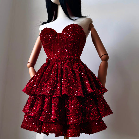 Madame Rouge Red Sequined Ruffled Skirt Corset Set