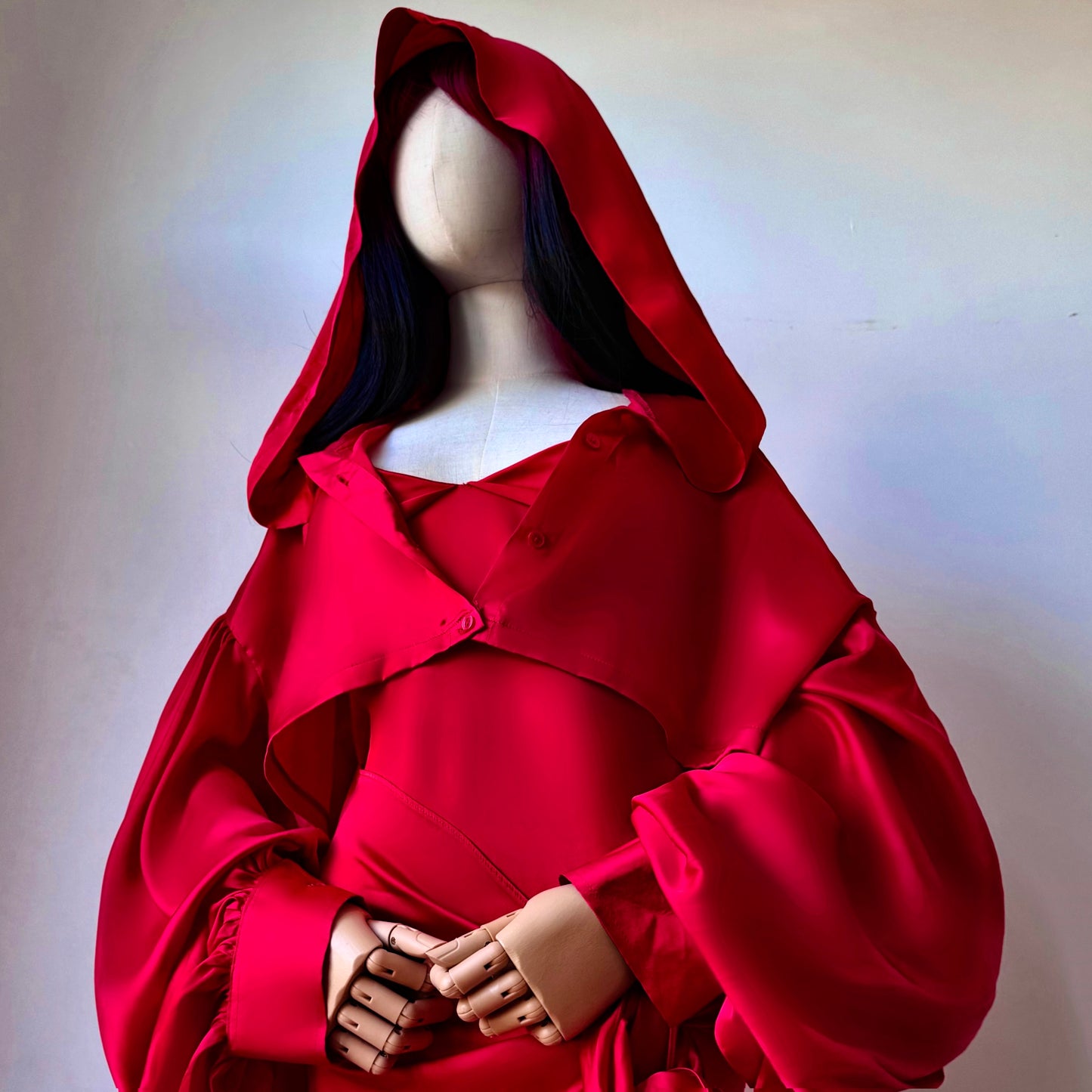 Madame Rouge Layered Red Satin Wrap Dress Goblin Hoodie Set