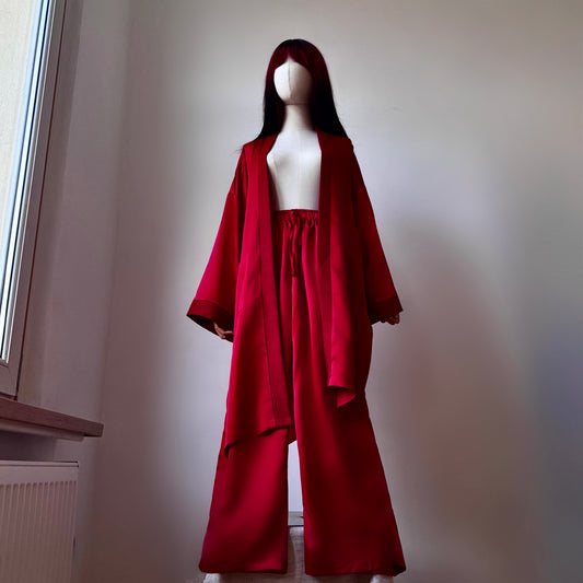 Madame Rouge Red Satin Kimono Pants Set