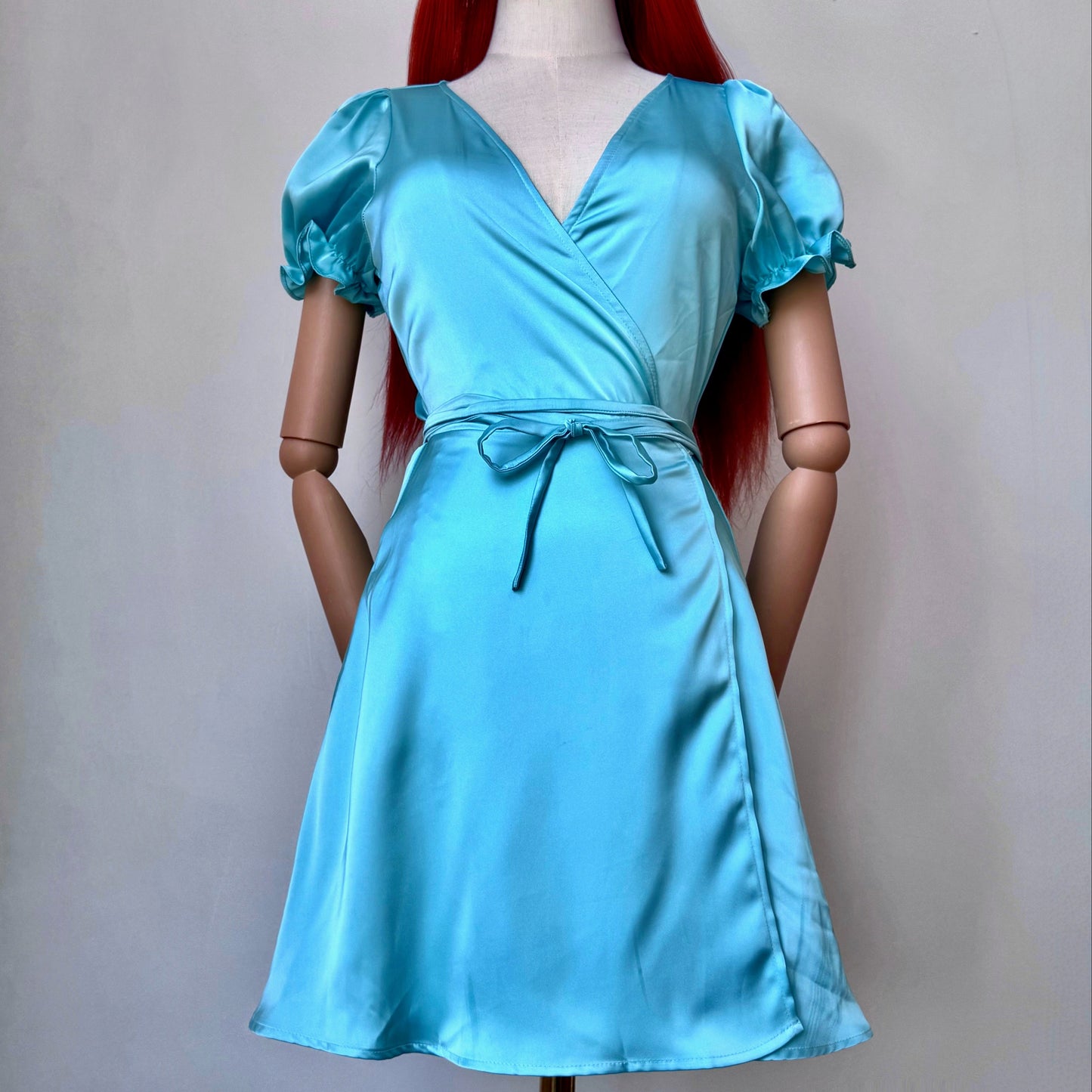 Pastel Blue Satin Wrap Dress