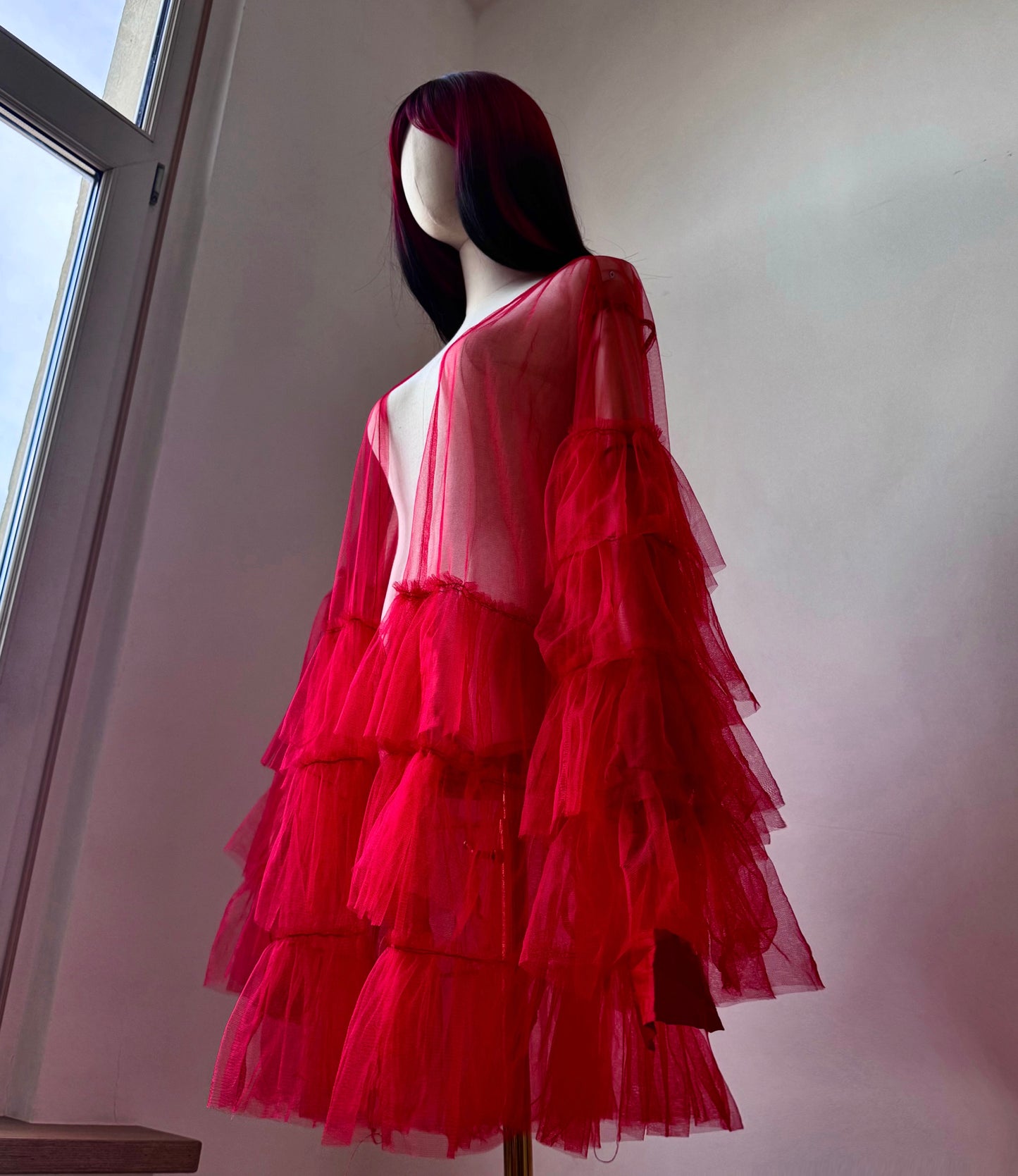 Red Origami Queen Midi Ruffled Duster
