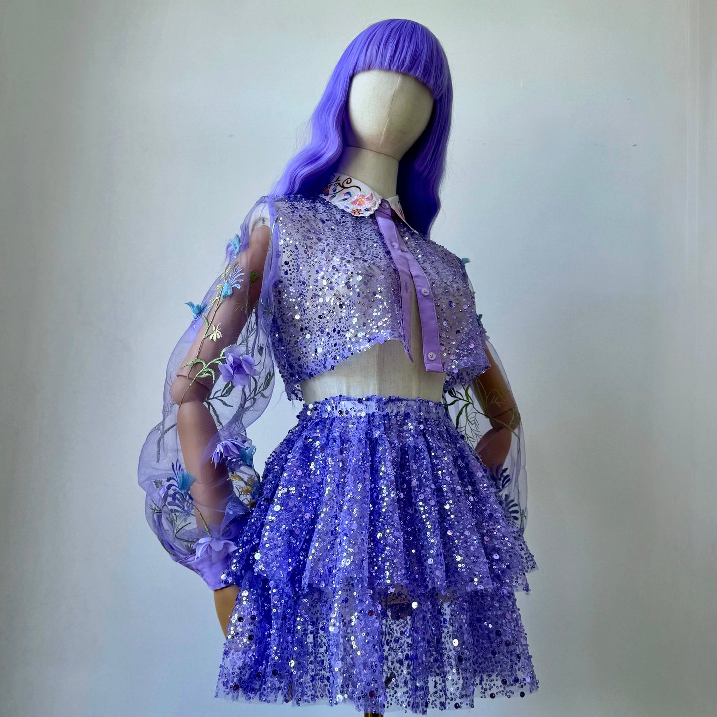 Space Bae Sequined Lavender transparent Babydoll Skirt Crop Blouse Set
