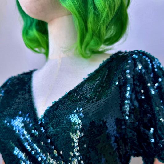 Shiny Sequined Dark Green Wrap Dress