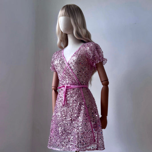 Transparent Sequined Pastel Pink Wrap Dress