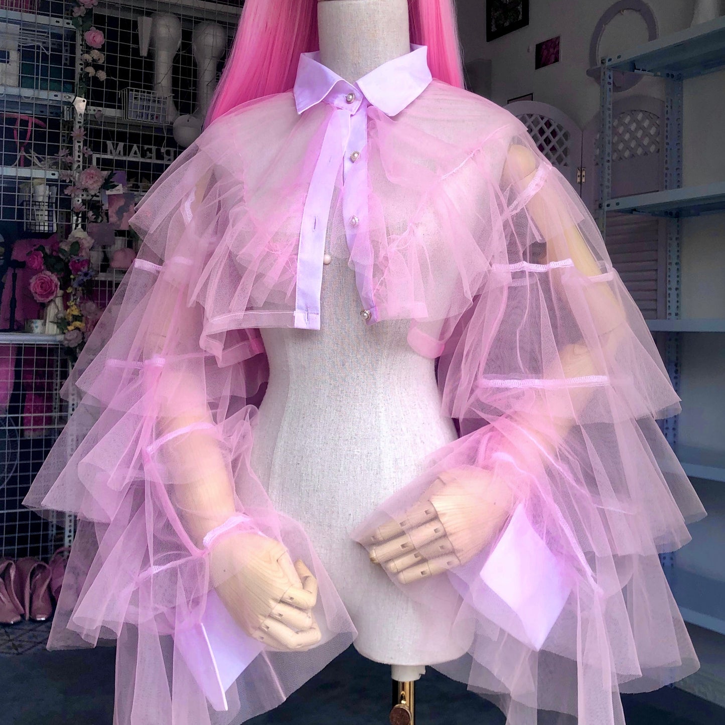 Baby Pink Origami Princess Ruffled Crop Shirt Blouse