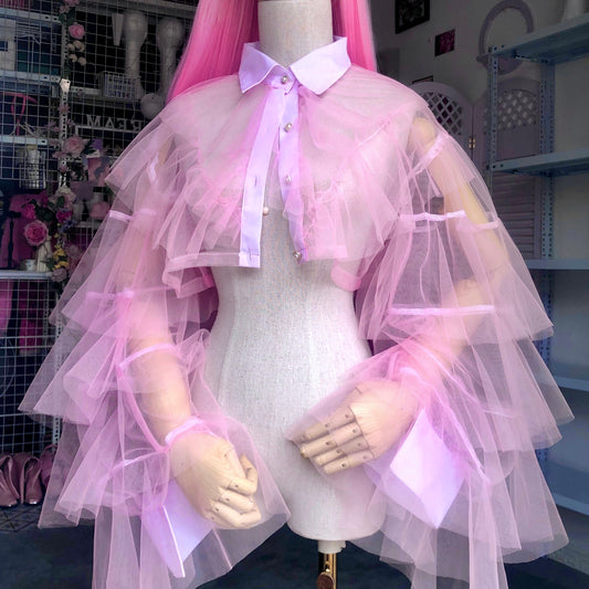 Baby Pink Origami Princess Ruffled Crop Shirt Blouse