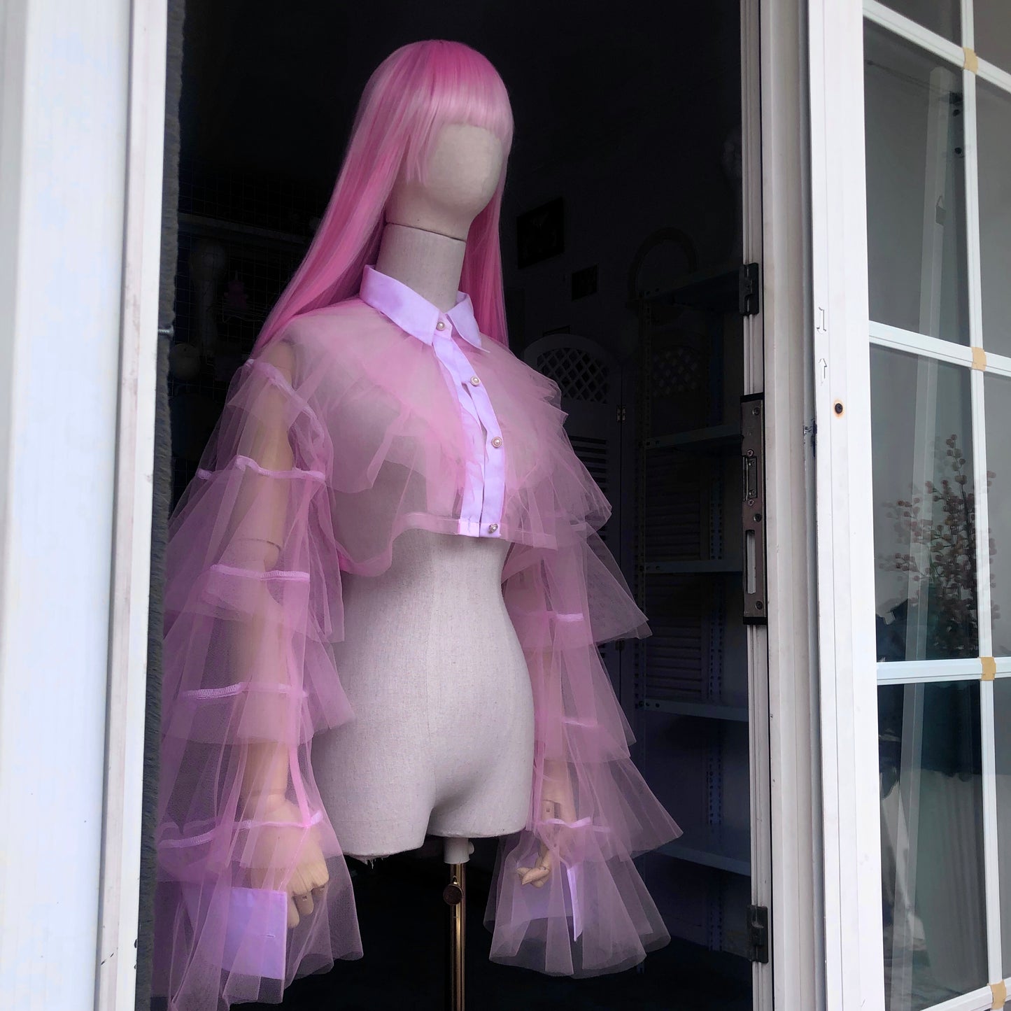 Baby Pink Origami Princess Ruffled Crop Shirt Blouse