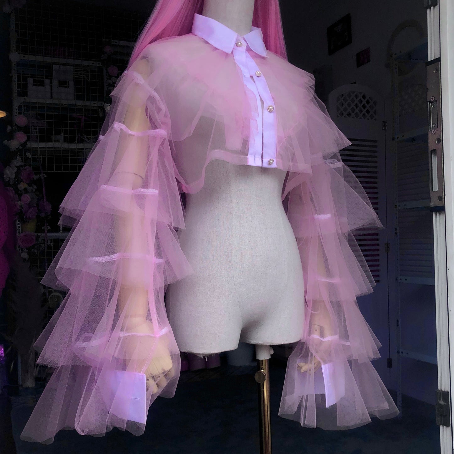 Baby Pink Origami Princess Ruffled Crop Shirt Blouse