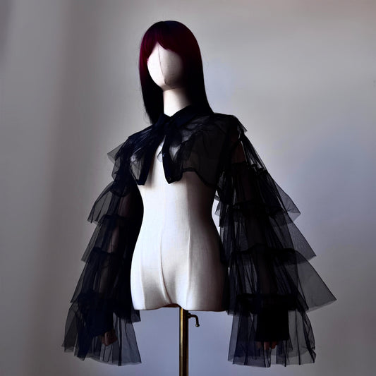 Black Origami Princess Ruffled Cropped Shirt Blouse