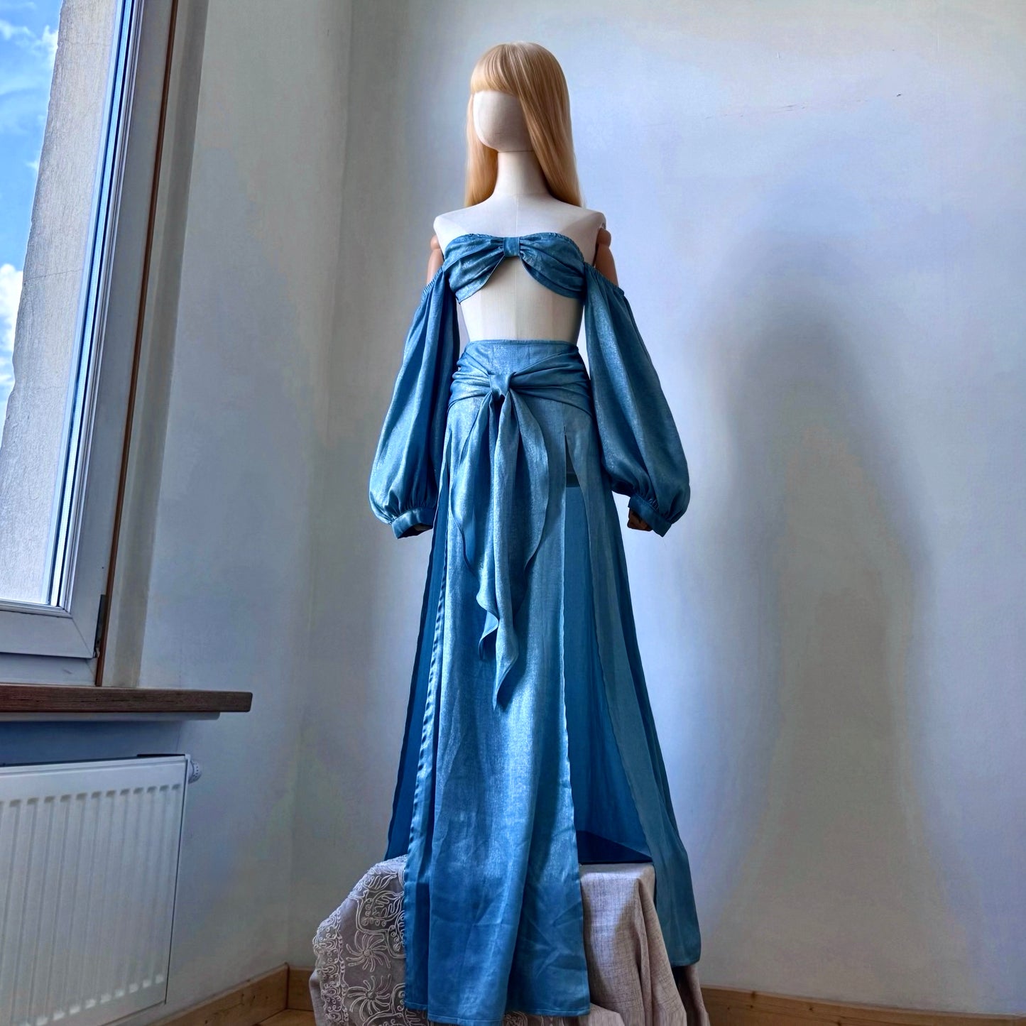 Blue Bohemian Side Slits Maxi Skirt Top Set