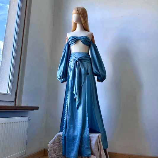 Blue Bohemian Side Slits Maxi Skirt Top Set