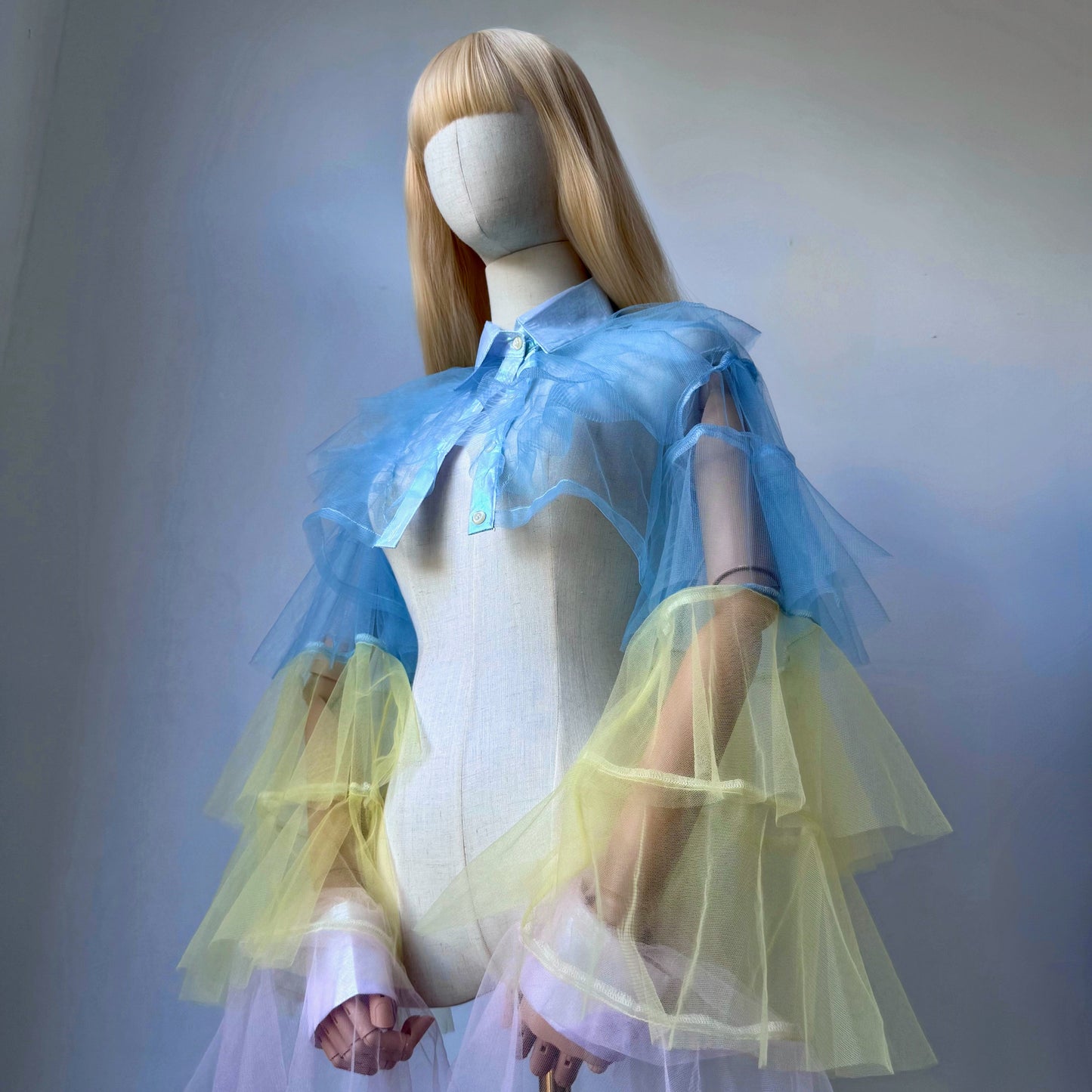 Blue Ombre Origami Princess Ruffled Shirt Blouse