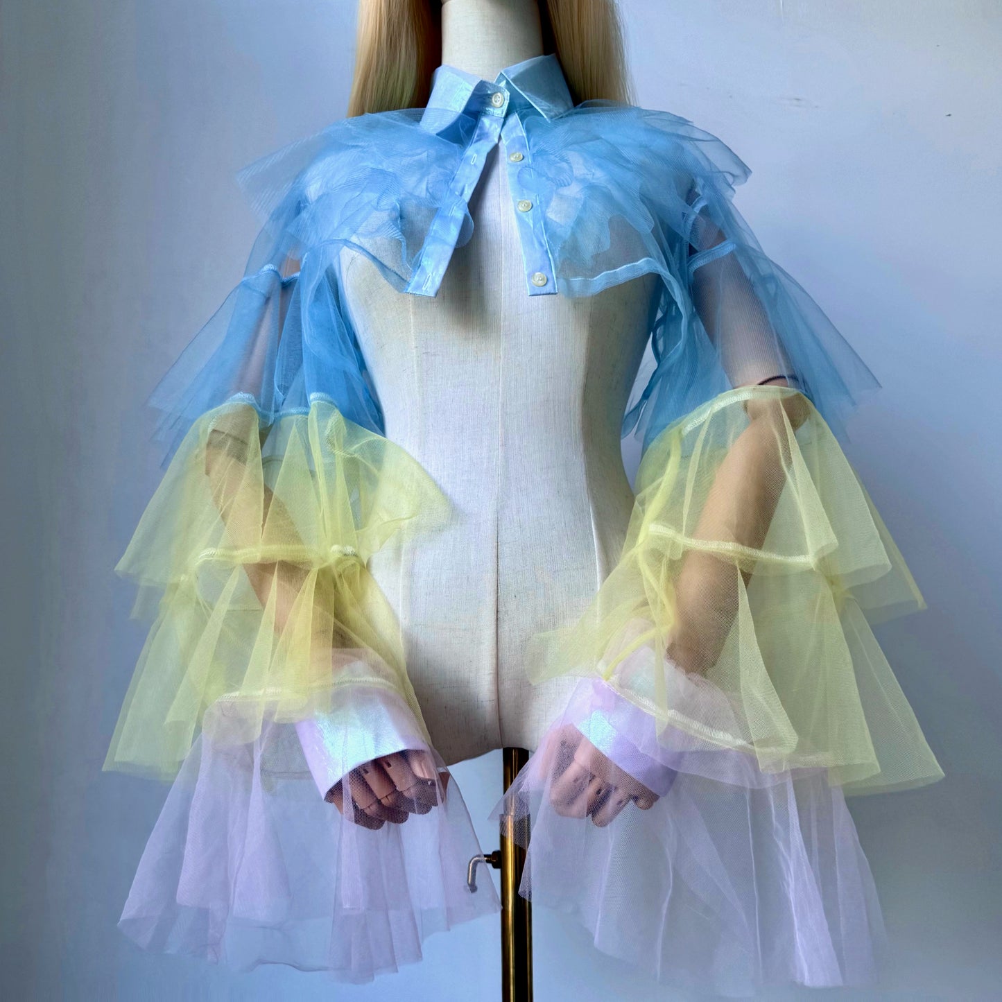 Blue Ombre Origami Princess Ruffled Shirt Blouse