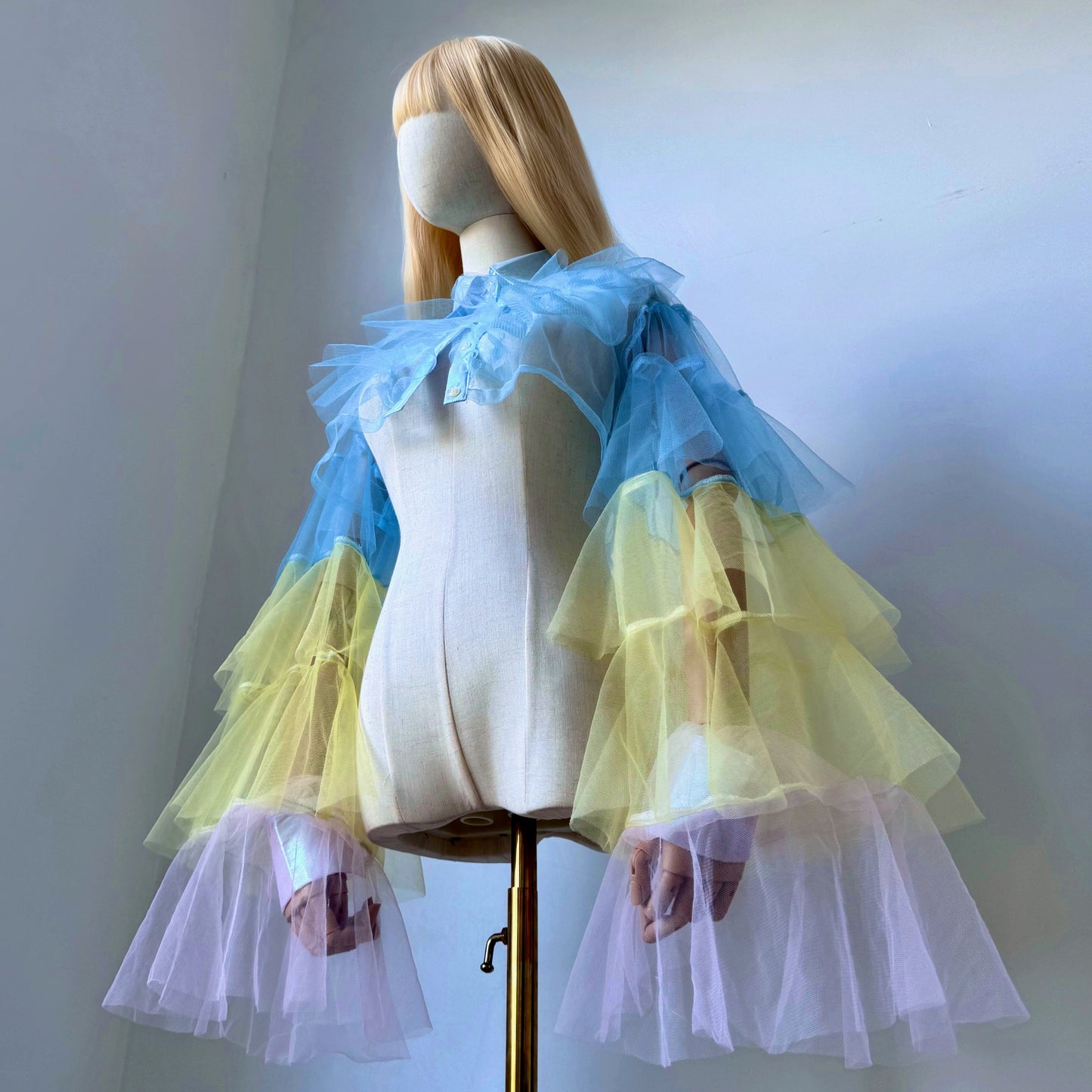 Blue Ombre Origami Princess Ruffled Shirt Blouse