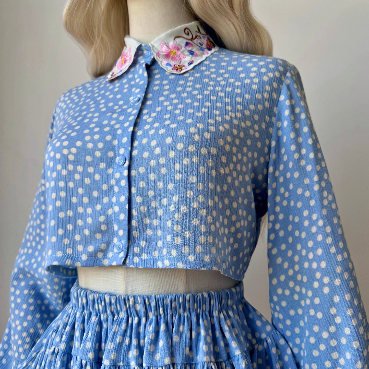 Bonita Blue Printed Polka Dots Skirt Top Set