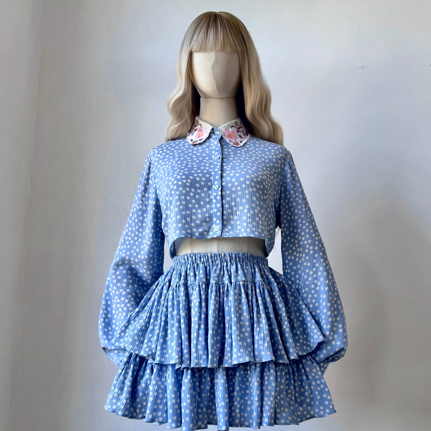 Bonita Blue Printed Polka Dots Skirt Top Set
