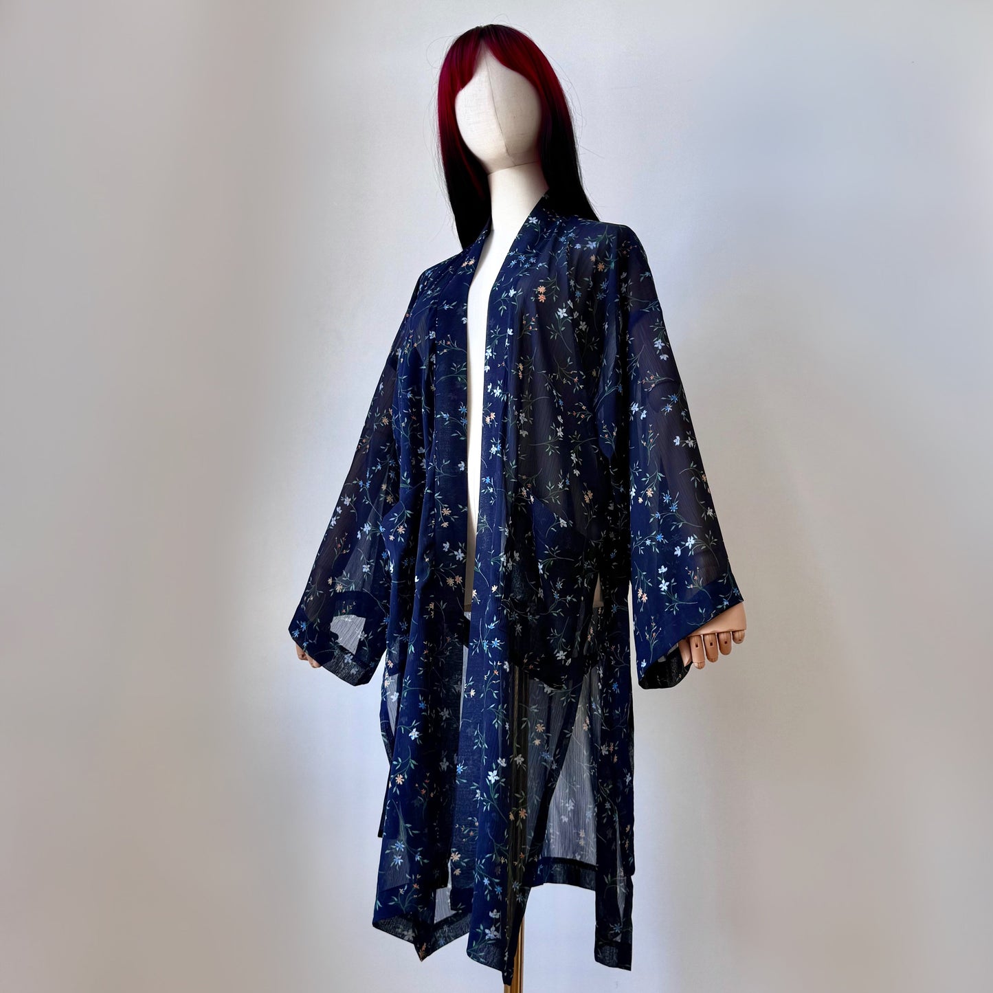 Bonita Dark Blue Sheer Floral Print Kimono