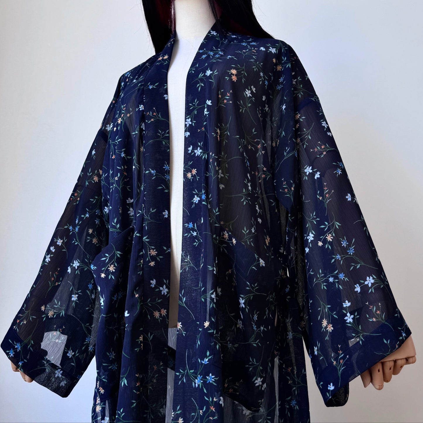 Bonita Dark Blue Sheer Floral Print Kimono