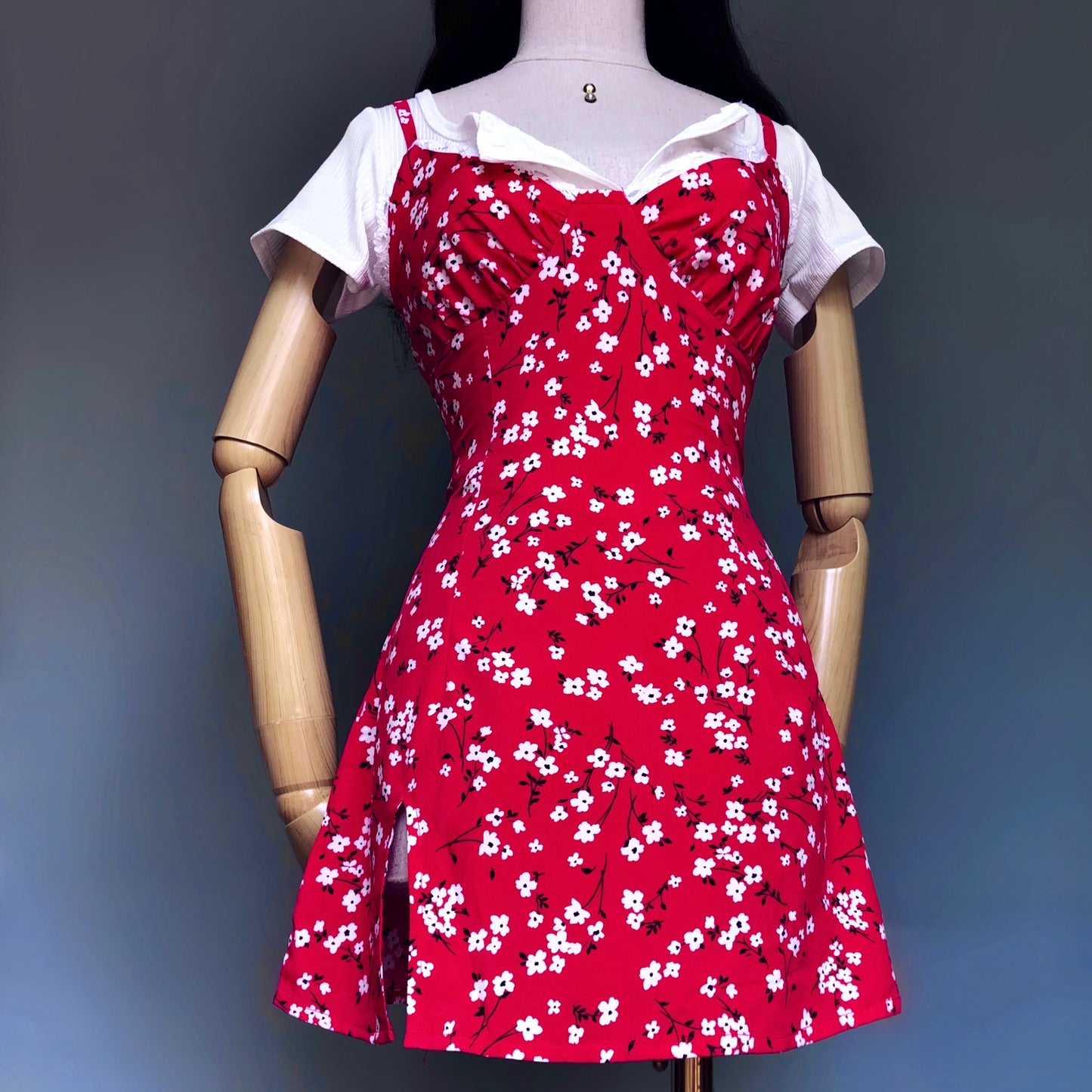 Bonita White Floral Mini Red Dress