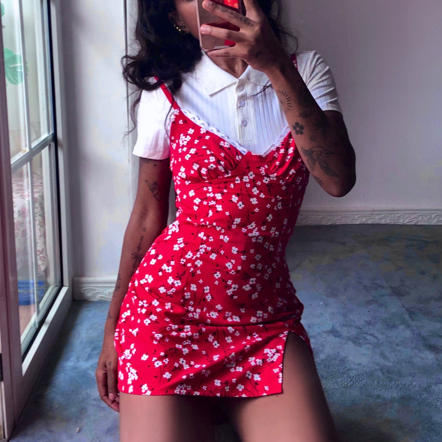 Bonita White Floral Mini Red Dress