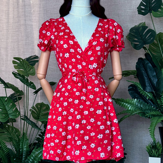 Bonita White Floral Wrap Red Dress