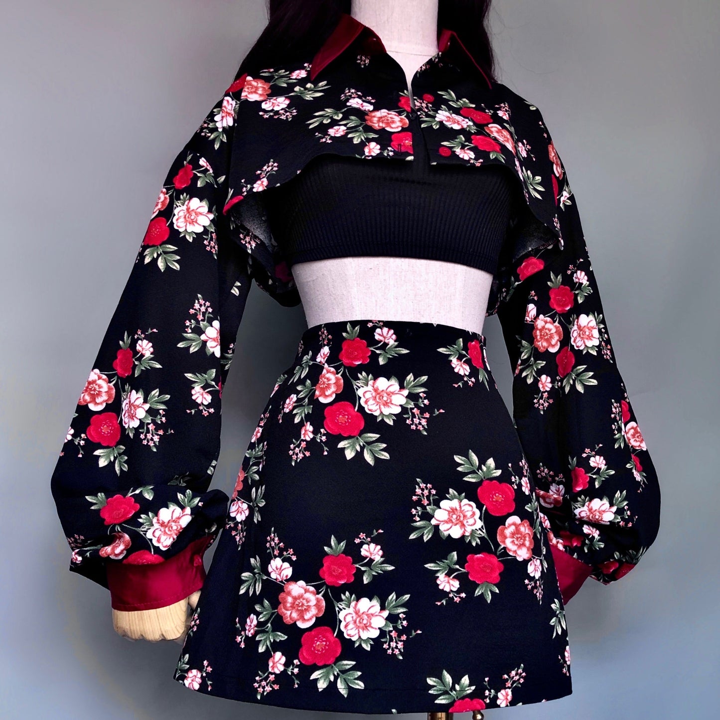 Floral Bae Black Skirt Cropped Blouse Set