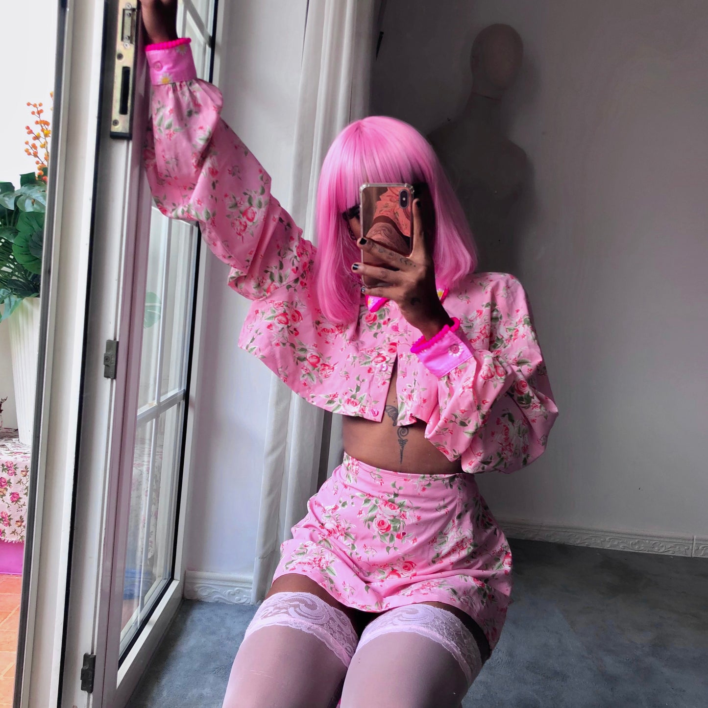 Floral Bae Pink 3 Piece Skirt Top Bralette Set