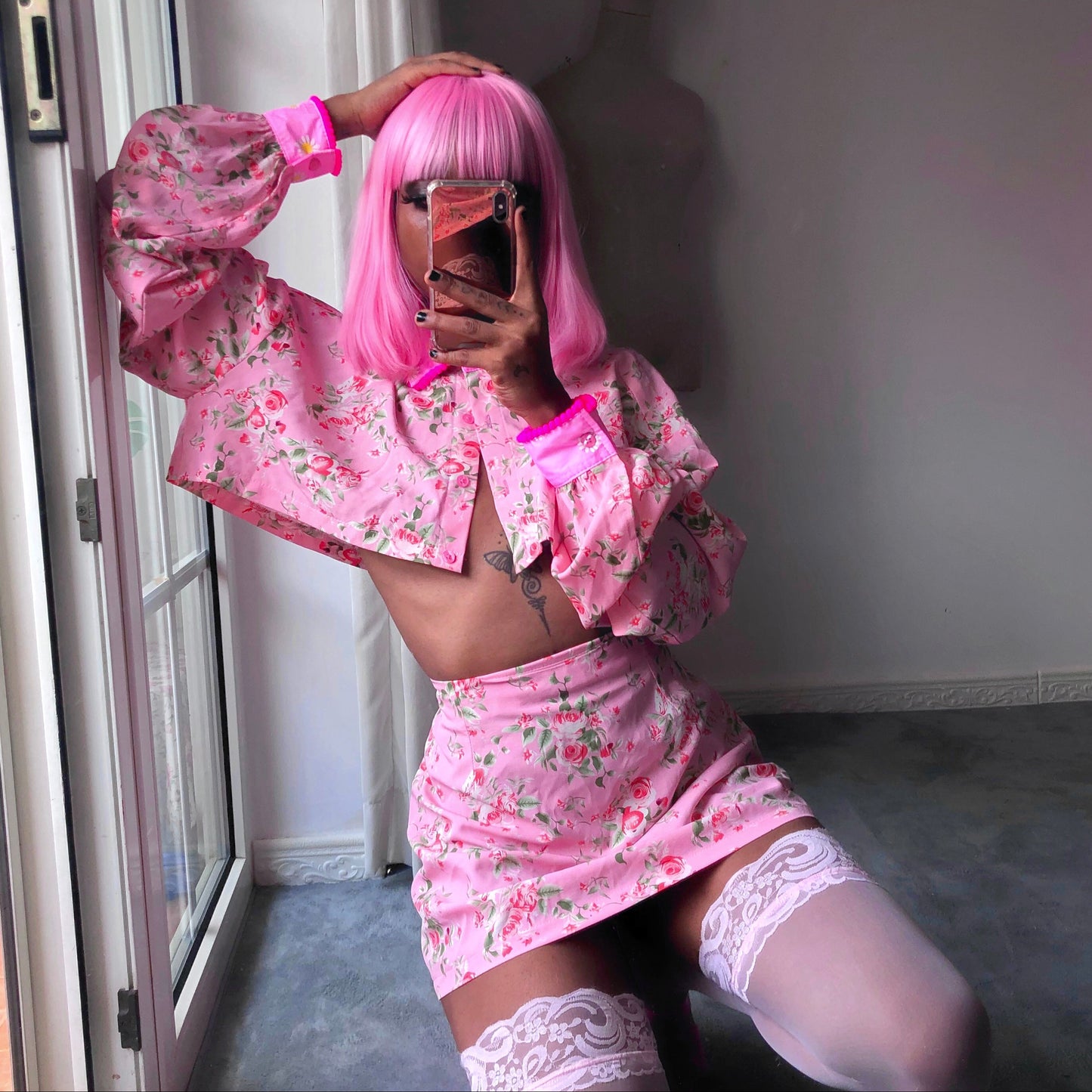 Floral Bae Pink 3 Piece Skirt Top Bralette Set