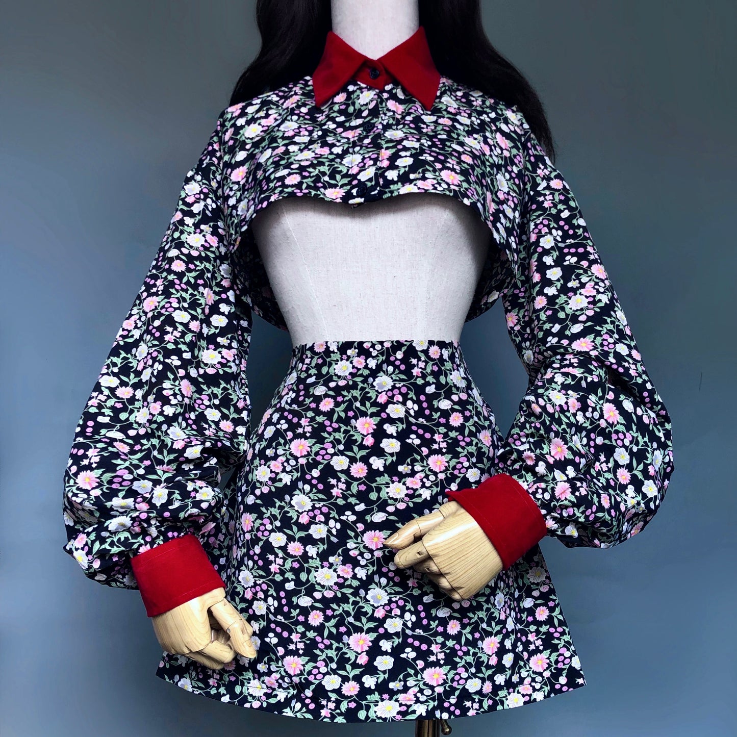 Floral Bae Red Collar Skirt Cropped Blouse Set