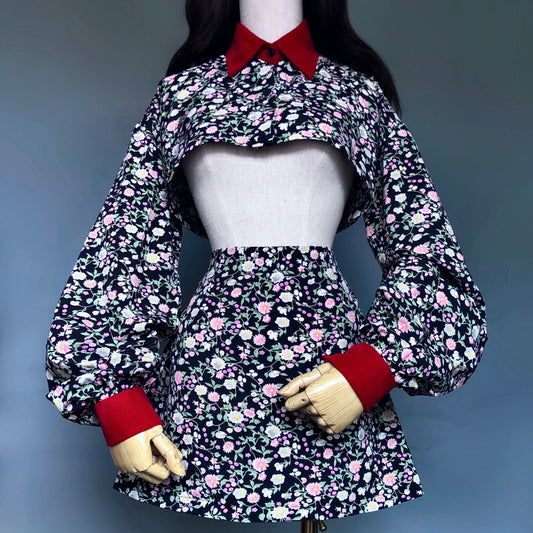 Floral Bae Red Collar Skirt Cropped Blouse Set