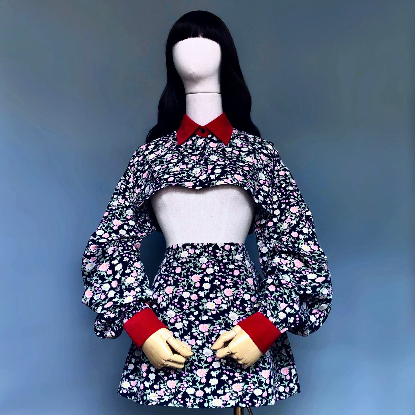 Floral Bae Red Collar Skirt Cropped Blouse Set