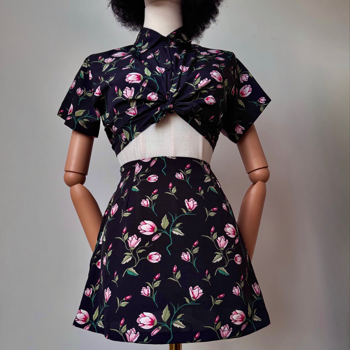 Floral Girl Black And Pink Shirt Two Piece Set