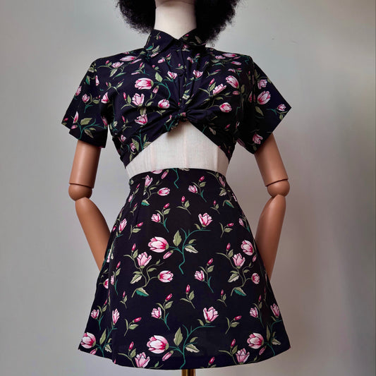 Floral Girl Black And Pink Shirt Two Piece Set