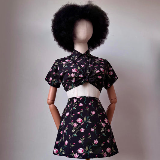 Floral Girl Black And Pink Shirt Two Piece Set