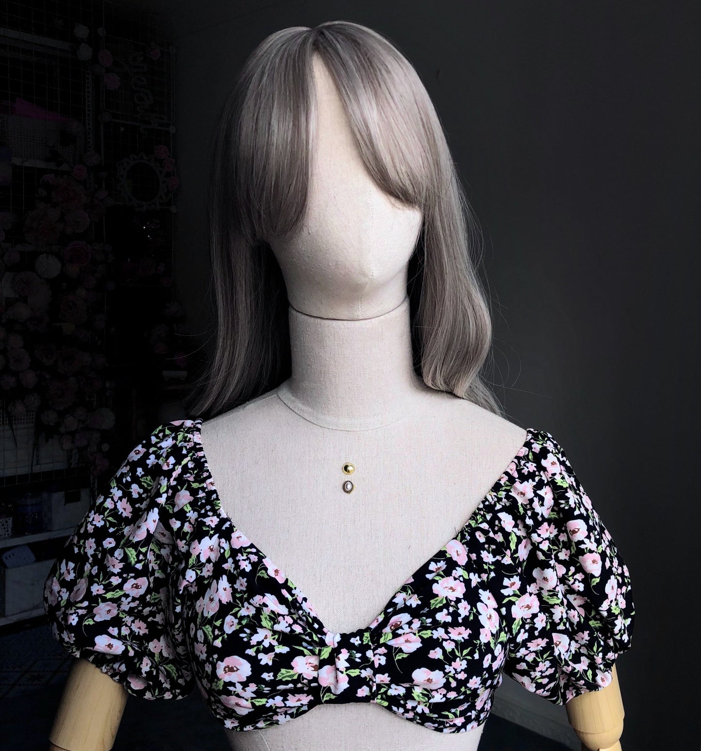 Floral Girl Black Puffy Sleeves Two Piece Set