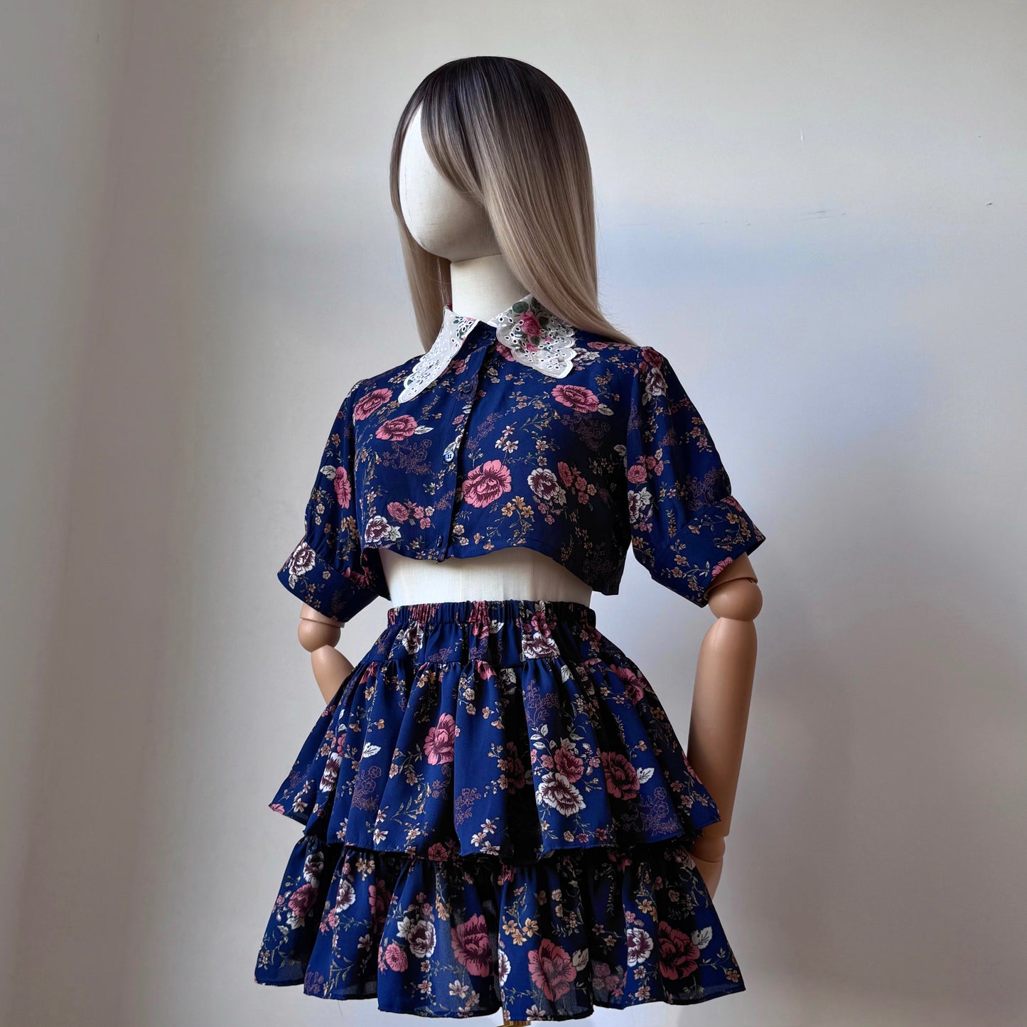 Floral Girl Blue And Pink Short Sleeves Two Piece Set
