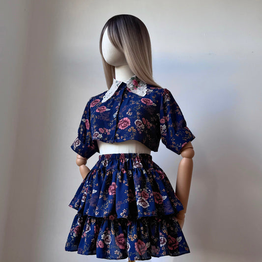 Floral Girl Blue And Pink Short Sleeves Two Piece Set