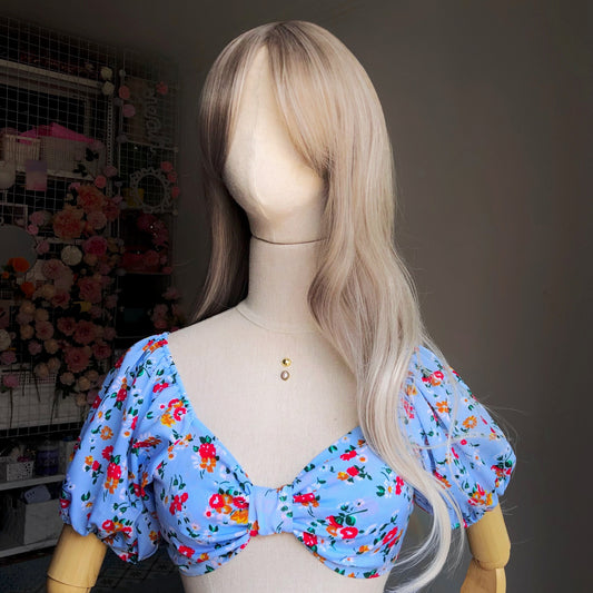 Floral Girl Blue Puffy Sleeves Two Piece Set