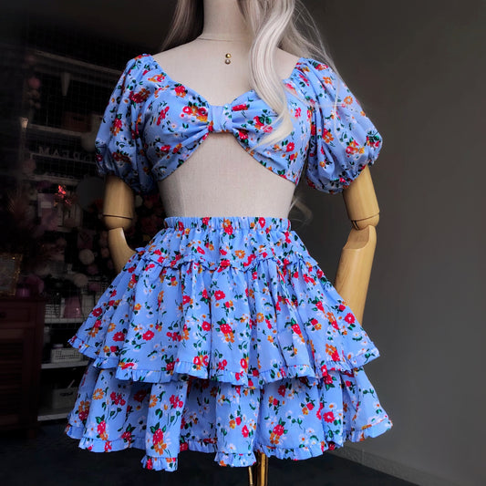Floral Girl Blue Puffy Sleeves Two Piece Set