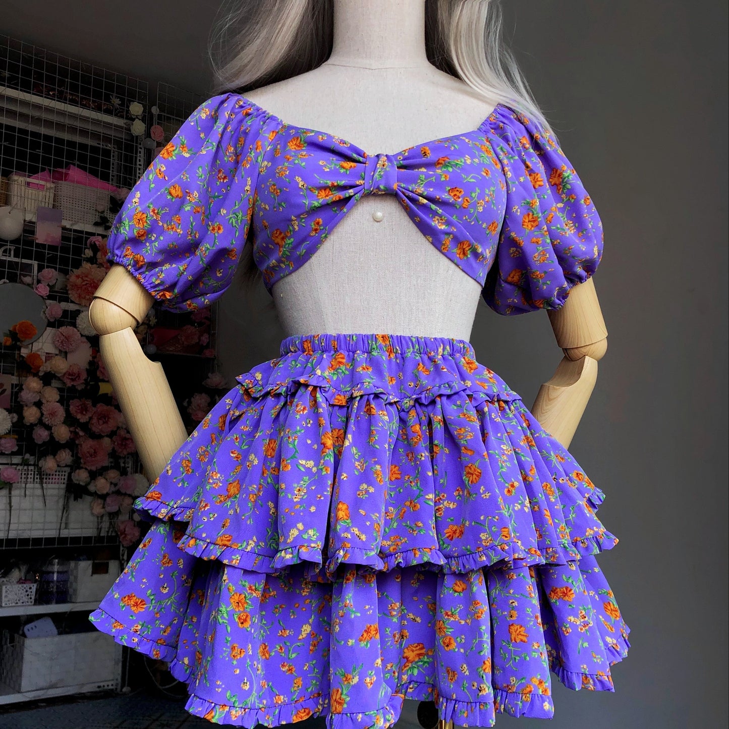 Floral Girl Lavender Puffy Sleeves Two Piece Set