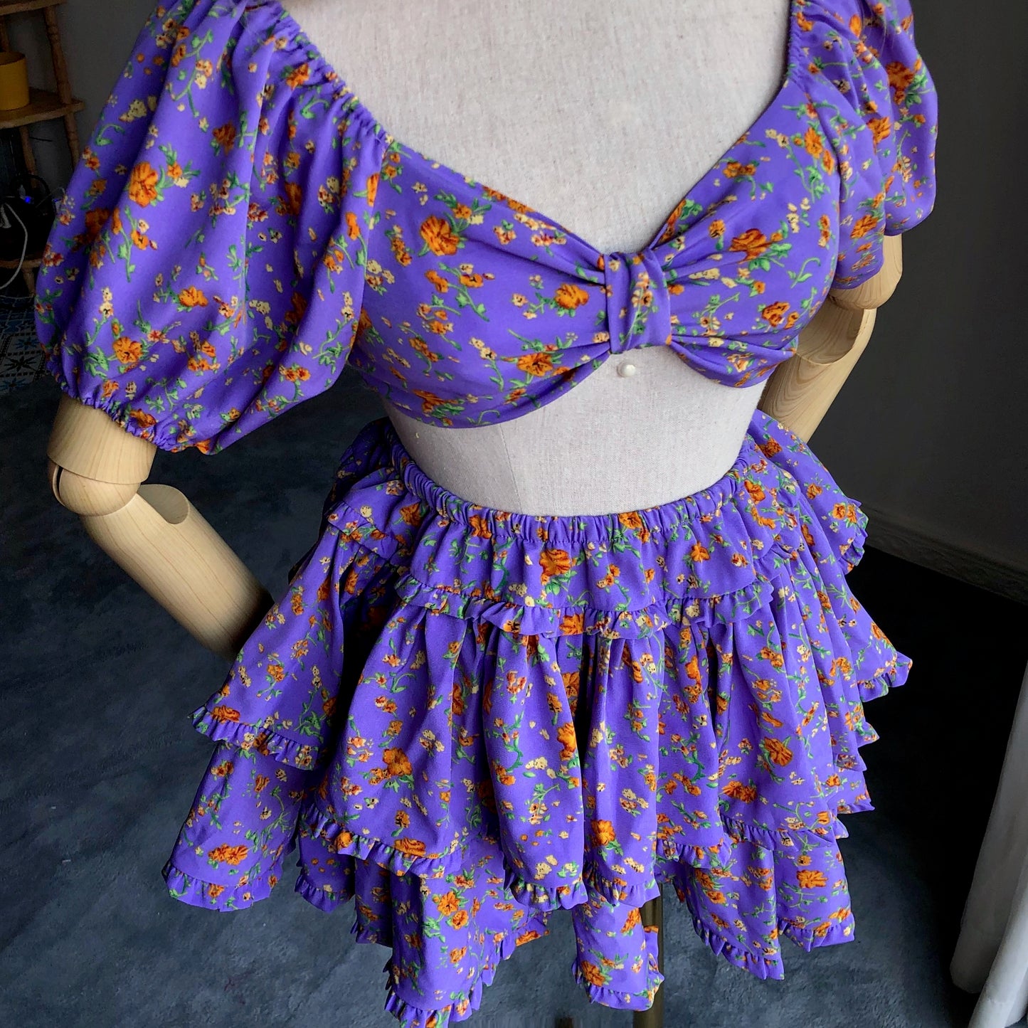 Floral Girl Lavender Puffy Sleeves Two Piece Set